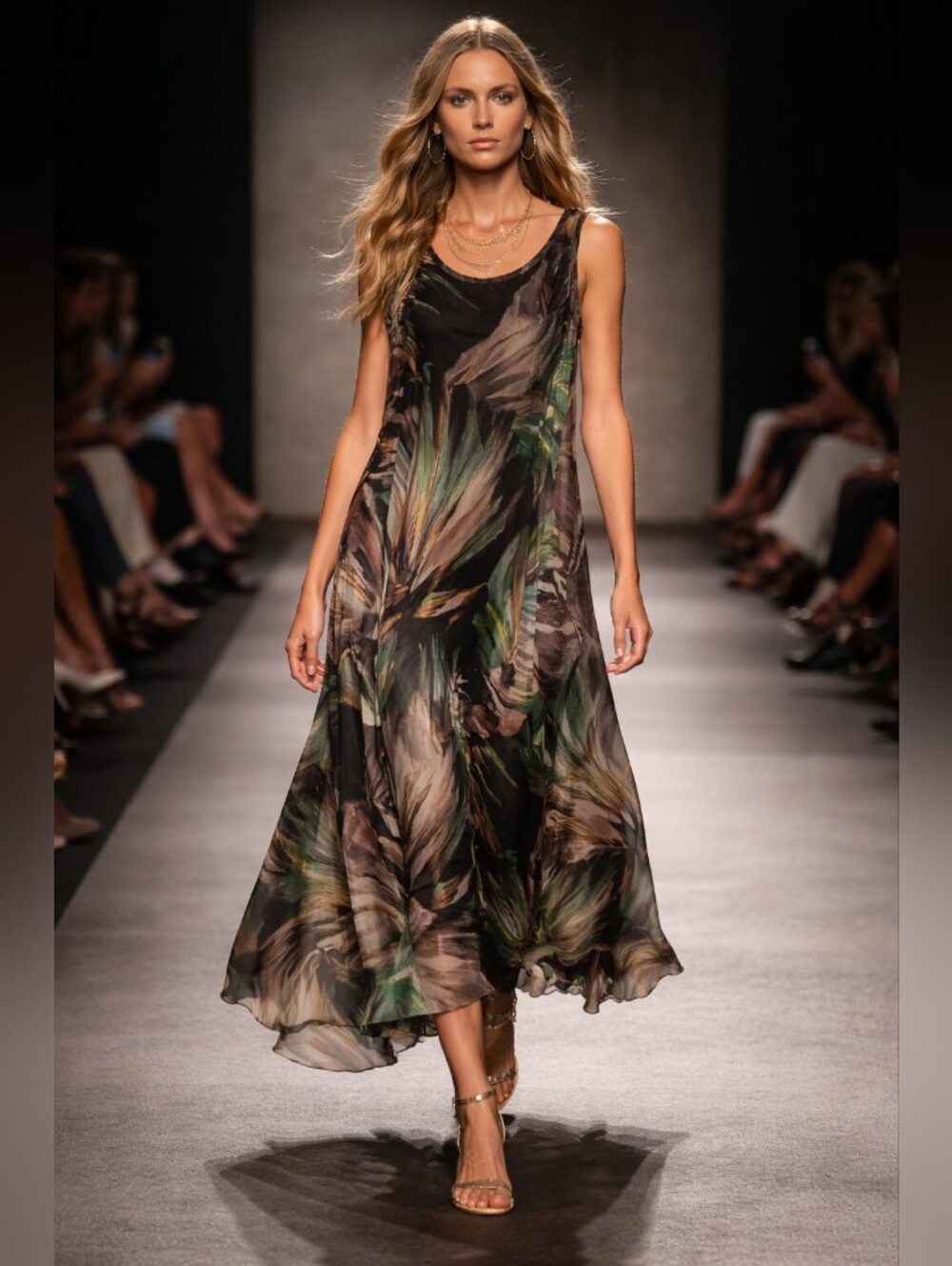 Viviana Sleeveless Maxi Dress in Black and Green Leaf Print